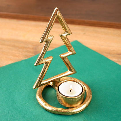 Świecznik na świeczkę tealight aluminiowy złoty choinka 16 cm