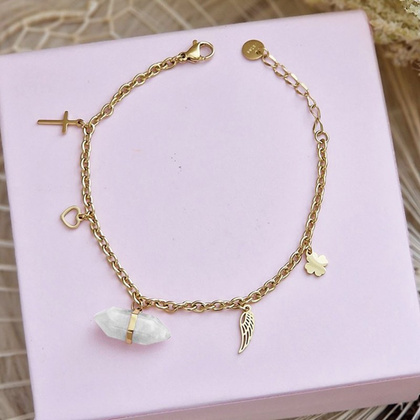 Bransoletka na rękę stal chirurgiczna pozłacana 14k złotem kryształ górski BST1407B