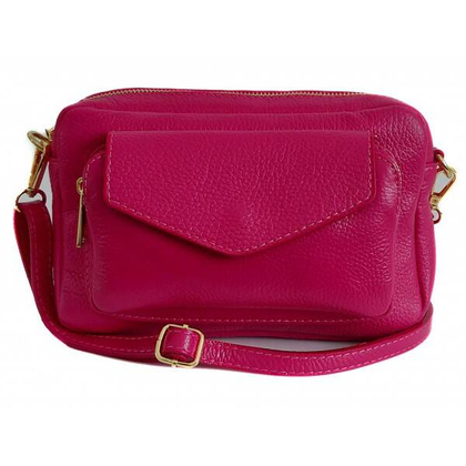 Urocza Włoska skórzana listonoszka Vera Pelle , pojemna złote okucia Fuksja MCZ45FUC