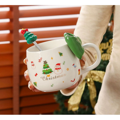 KUBEK ŚWIĄTECZNY Z KOKARDĄ - zestaw w pudełku z łyżeczką 400 ml KB25ZIE