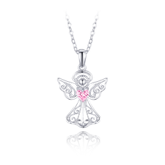 MINET Naszyjnik srebrny anioł z różową cyrkonią