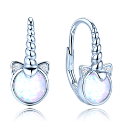 MINET Dziecięce srebrne kolczyki jednorożce z białymi opalami i białymi cyrkoniami