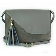 Skórzana torebka listonoszka Vera Pelle złote okucia,frędzelek, zamsz Szara  VP113G