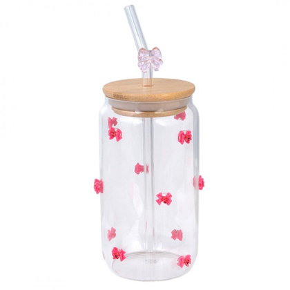 Szklanka, różowe kokardki z cyrkoniami - z rurką i bambusową pokrywką 460 ml - SZK135