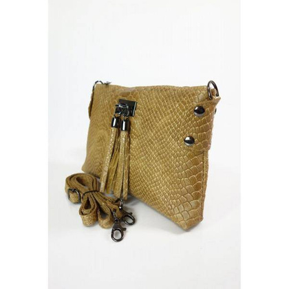 Skórzana włoska listonoszka ,wężowa skórka,frędzelki  camel  LP149C