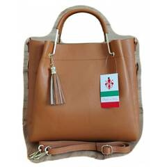 Włoski kuferek Shopperka A4 ,złote okucia + frędzelek  Vera Pelle  Camel KLV33C