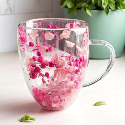 Szklanka termiczna z kwiatami w środku, gipsówka hortensje róż 300 ml 1szt SZK149