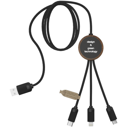 SCX.design C36 przedłużany kabel do ładowania z podświetlanym logo 3-w-1 rPET i z okrągłą bambusową obudową