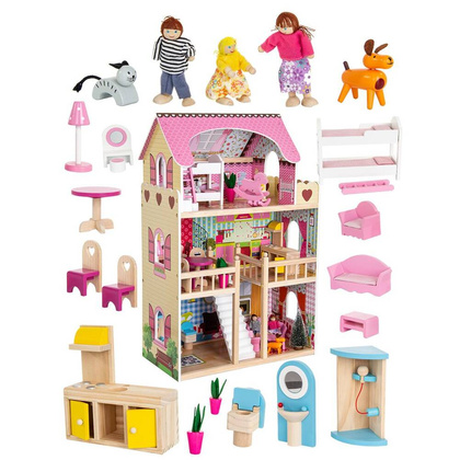 Domek dla lalek drewniany Led  XXXL 60x33x90 cm - 3 lalki , kotek i piesek