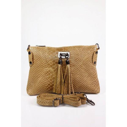 Skórzana włoska listonoszka ,wężowa skórka,frędzelki  camel  LP149C