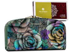 Duży, pojemny portfel ze skóry naturalnej z kwiatowym wzorem