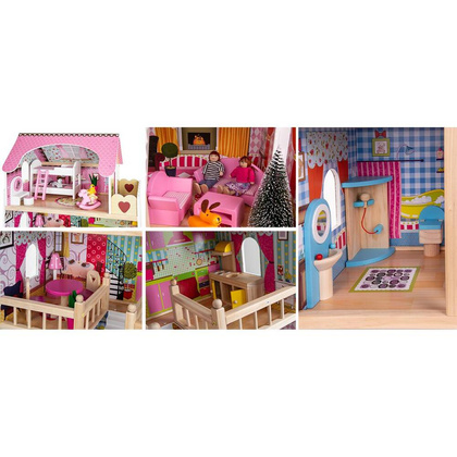 Domek dla lalek drewniany Led  XXXL 60x33x90 cm - 3 lalki , kotek i piesek