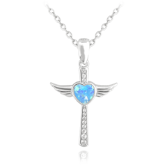 MINET Naszyjnik srebrny ANIELSKI KRZYŻ z niebieskim opalowym sercem