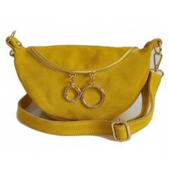 Żółta zamszowa listonoszka - nerka Włoska Vera Pelle złote okucia kółka  LN633GIA