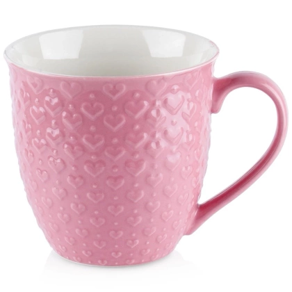 Duży kubek ceramiczny z uchem do kawy herbaty napojów serca różowy 580 ml