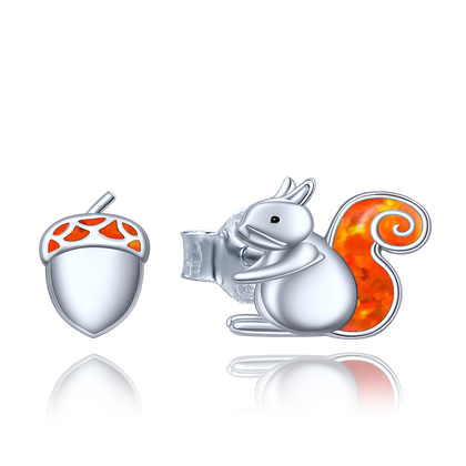 MINET Srebrne kolczyki wiewiórka i orzech z opalem