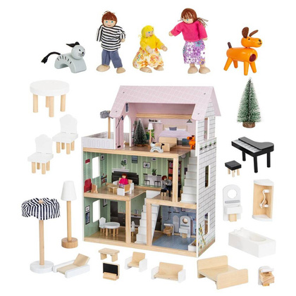 Domek dla lalek drewniany Led  62x27x77 cm + 3 lalki + kotek i piesek