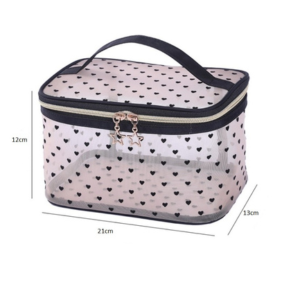 Kosmetyczka damska kuferek transparentna czarne serca 13cm x 21cm KS125