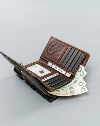 Skórzany portfel damski z biglem zdobiony motywem wężowej skóry