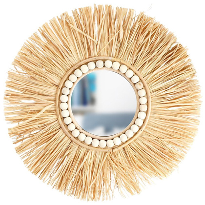 Lustro okrągłe wiszące w naturalnej ramie z koralikami ścienne do salonu rafia boho 40 cm