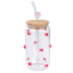 Szklanka, różowe kokardki z cyrkoniami - z rurką i bambusową pokrywką 460 ml - SZK135