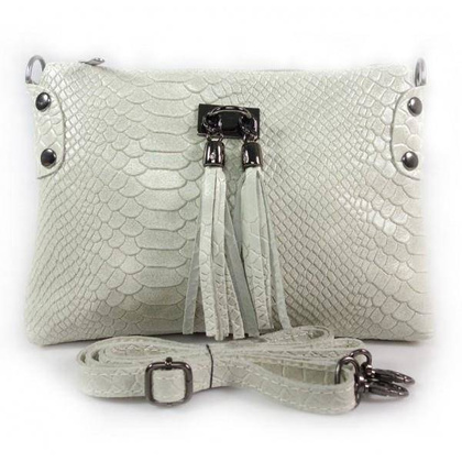 Skórzana włoska listonoszka ,wężowa skórka,frędzelki  szara  LP149G