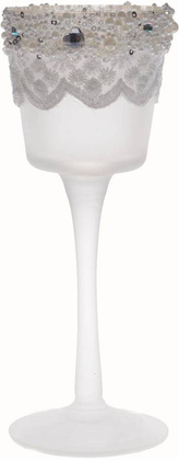 Świecznik na nodze z koronką i koralikami niski