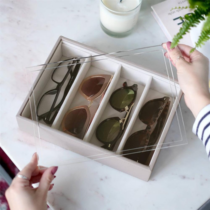 Pudełko na okulary Stackers Classic 4 komorowe taupe z akrylową pokrywą