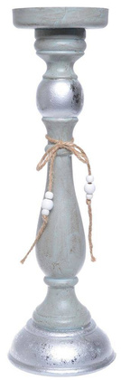 Drewniany świecznik szaro-srebrny z zawieszką wysoki