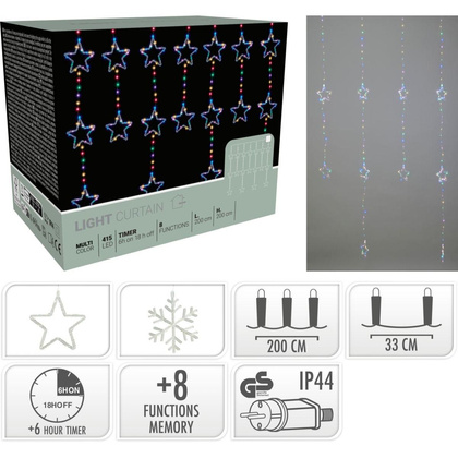 LAMPKI CHOINKOWE KURTYNA ŚWIETLNA 200x200 CM 415LED GWIAZDKI MULTIKOLOR