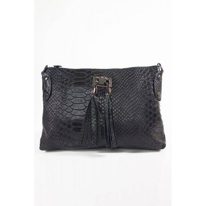 Skórzana włoska listonoszka ,wężowa skórka,frędzelki  czarna  LP149N