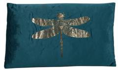 Poduszka prostokątna zielona welurowa ze złotą ważką