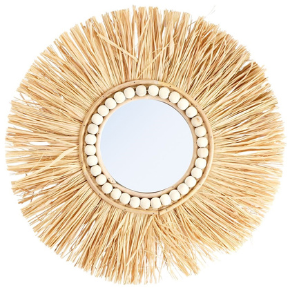 Lustro okrągłe wiszące w naturalnej ramie z koralikami ścienne do salonu rafia boho 40 cm