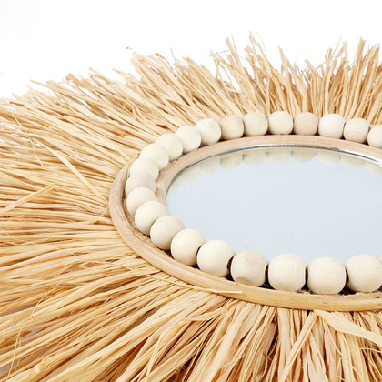 Lustro okrągłe wiszące w naturalnej ramie z koralikami ścienne do salonu rafia boho 40 cm