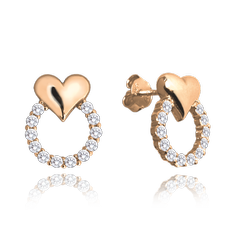 MINET Rose gold kolczyki srebrne z sercami LOVE z białymi cyrkoniami
