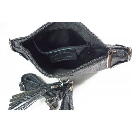 Skórzana włoska listonoszka ,wężowa skórka,frędzelki  czarna  LP149N