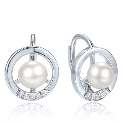 MINET Eleganckie srebrne kolczyki kółka z perłą i cyrkoniami
