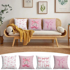 Lniana poszewka na poduszkę 45 x 45 cm WIŚNIE i KOKARDA różowa POD229