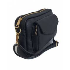 Urocza Włoska skórzana listonoszka Vera Pelle , pojemna złote okucia Czarna MCZ45N