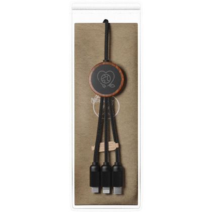 SCX.design C36 przedłużany kabel do ładowania z podświetlanym logo 3-w-1 rPET i z okrągłą bambusową obudową