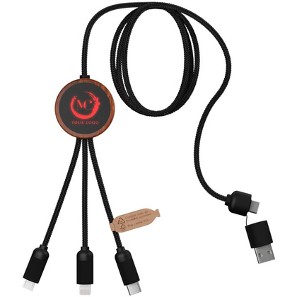 SCX.design C37 kabel do ładowania z podświetlanym logo 3-w-1 rPET i z okrągłą drewnianą obudową