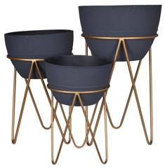 Kpl.3 kwietników metalowych szarych na złotym stelażu