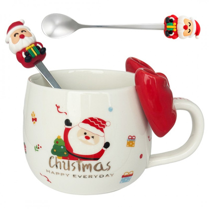 KUBEK ŚWIĄTECZNY Z KOKARDĄ - zestaw w pudełku z łyżeczką 400 ml KB25CZE