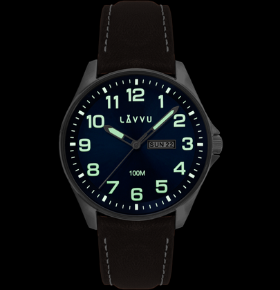 LAVVU Zegarek ze stali nierdzewnej ​ BERGEN Blue / Top Grain Leather ze świecącymi cyframi