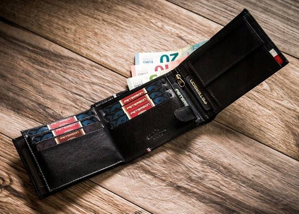 Zestaw prezentowy skorzany portfe meski i aluminiowe etui na karty