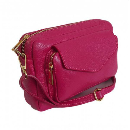 Urocza Włoska skórzana listonoszka Vera Pelle , pojemna złote okucia Fuksja MCZ45FUC