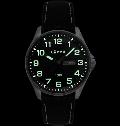 LAVVU Zegarek ze stali nierdzewnej ​ BERGEN Black / Top Grain Leather ze świecącymi cyframi