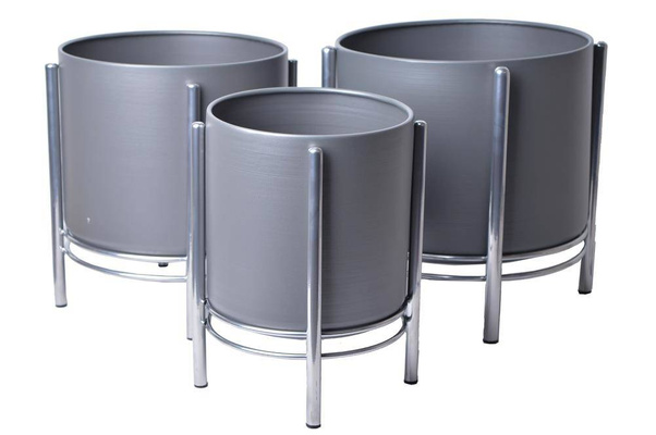 Kpl.3 kwietników metalowych szarych na srebrnym stelażu