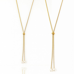 Naszyjnik stal szlachetna pozłacana 14k złotem, długi, regulowany perły NST2209