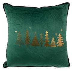 Poduszka welurowa kwadratowa zielona ze złotymi choinkami